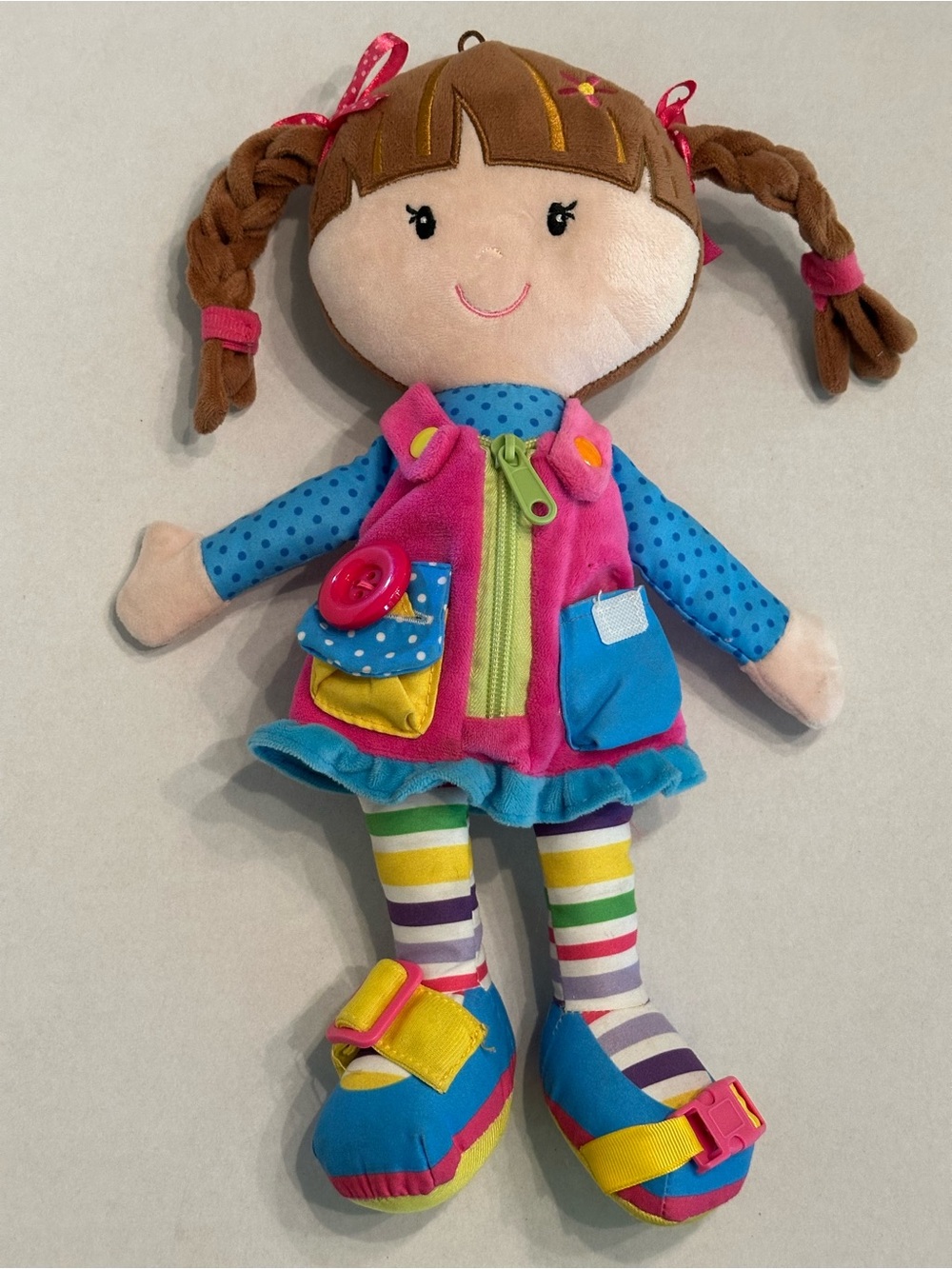 Interactive Pink and Blue Plush Activity Doll with Multicolor Details